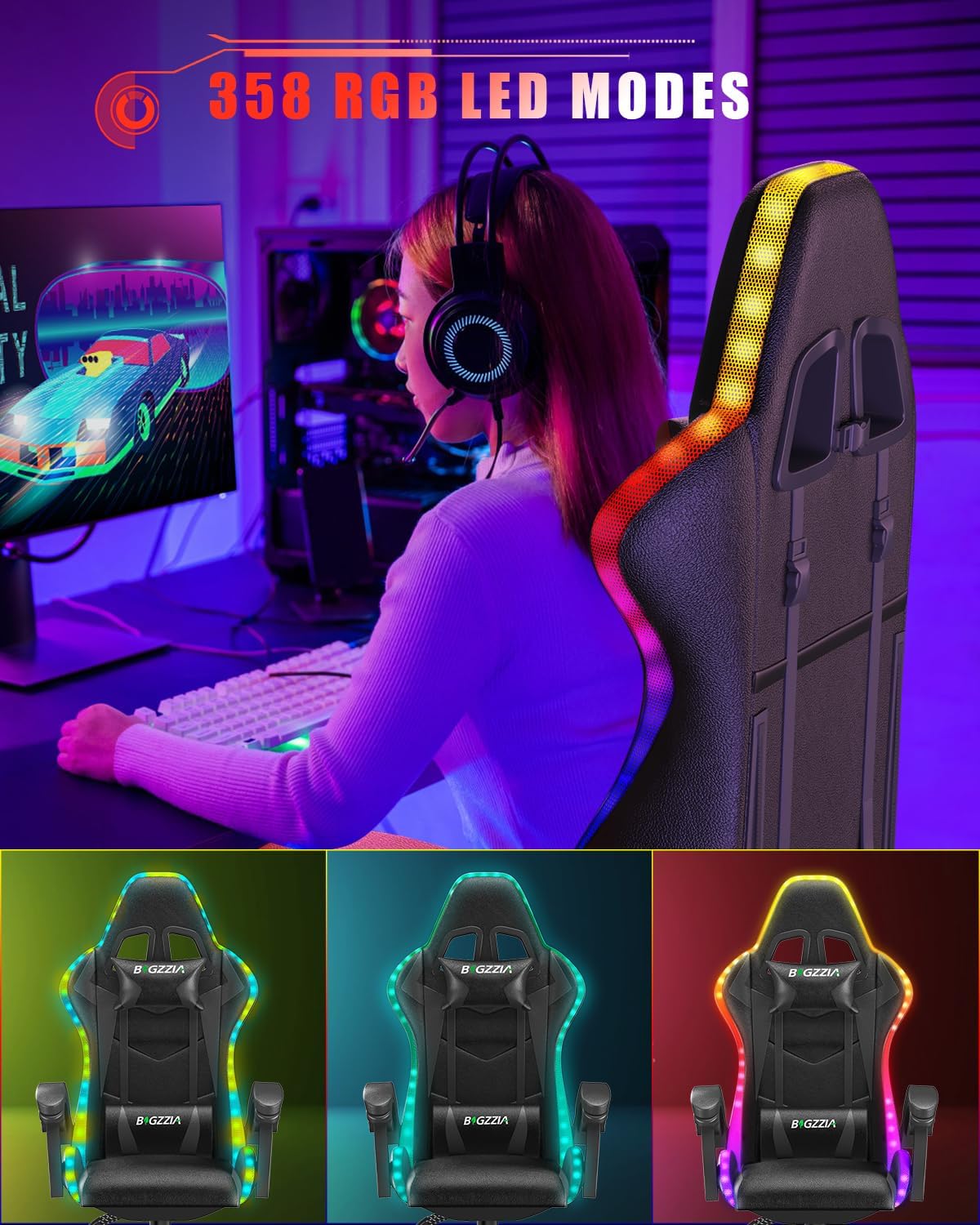 Ergonomic Gaming Chair with LED Lights for Adults (With Led Light, Black) | Ergonomic,Height Adjustable