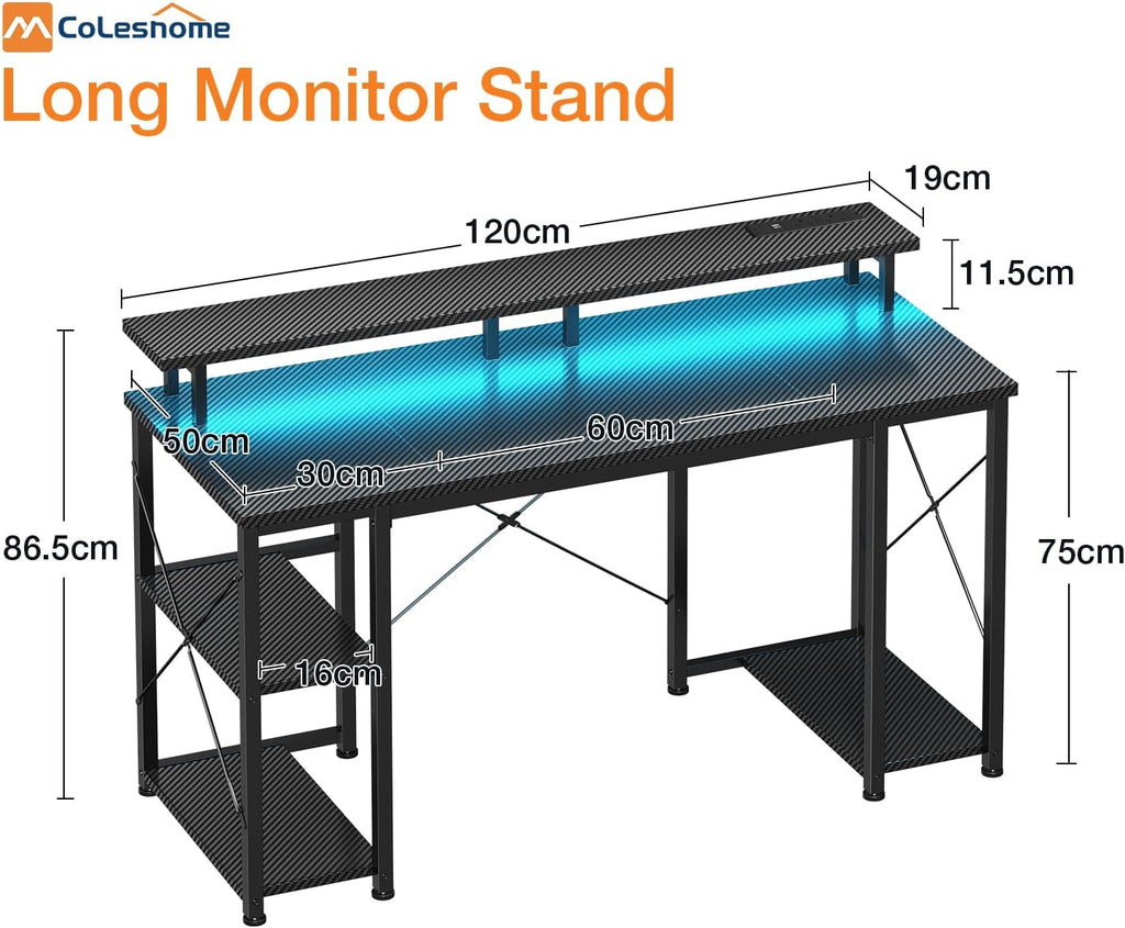 Coleshome Gaming Desk with LED Lights, 120x50 cm, Carbon Fiber Black