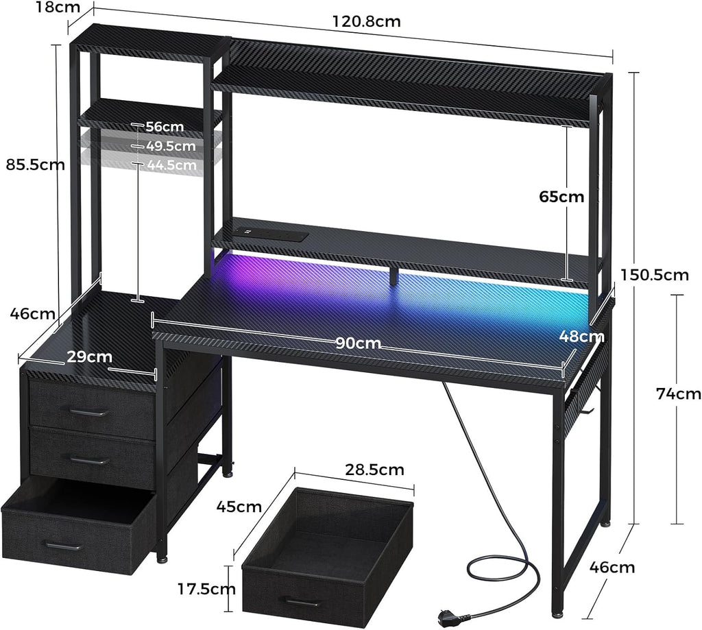 Coleshome Gaming Desk with LED Lights & Display Shelves Carbon Fiber Black | 120×48 cm Computer Desk with LED Lights & Sockets, Reversible PC Gaming.