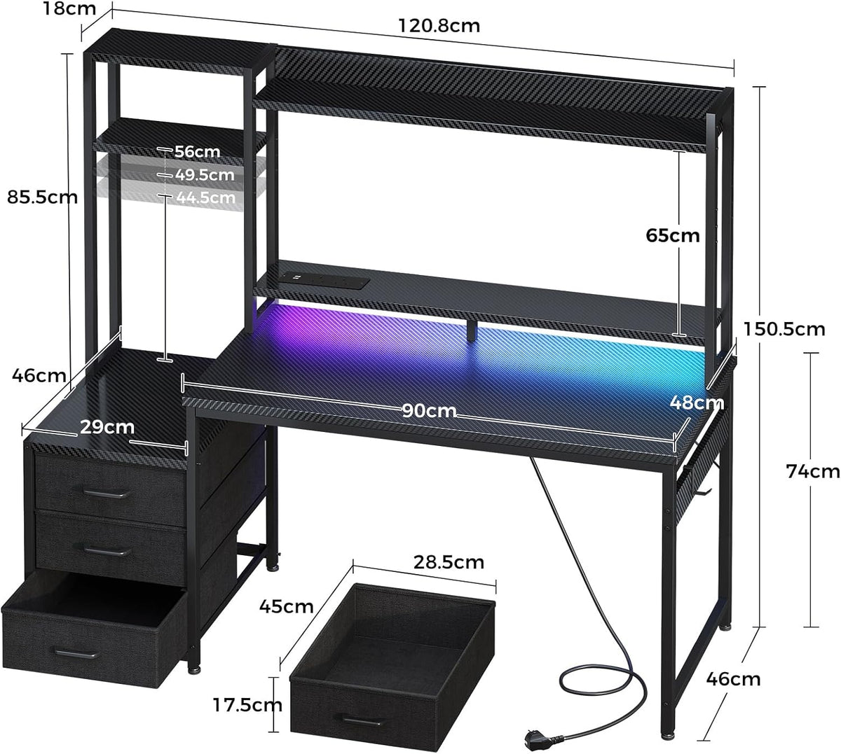 Coleshome Gaming Desk with LED Lights & Display Shelves Carbon Fiber Black | 120×48 cm Computer Desk with LED Lights & Sockets, Reversible PC Gaming.