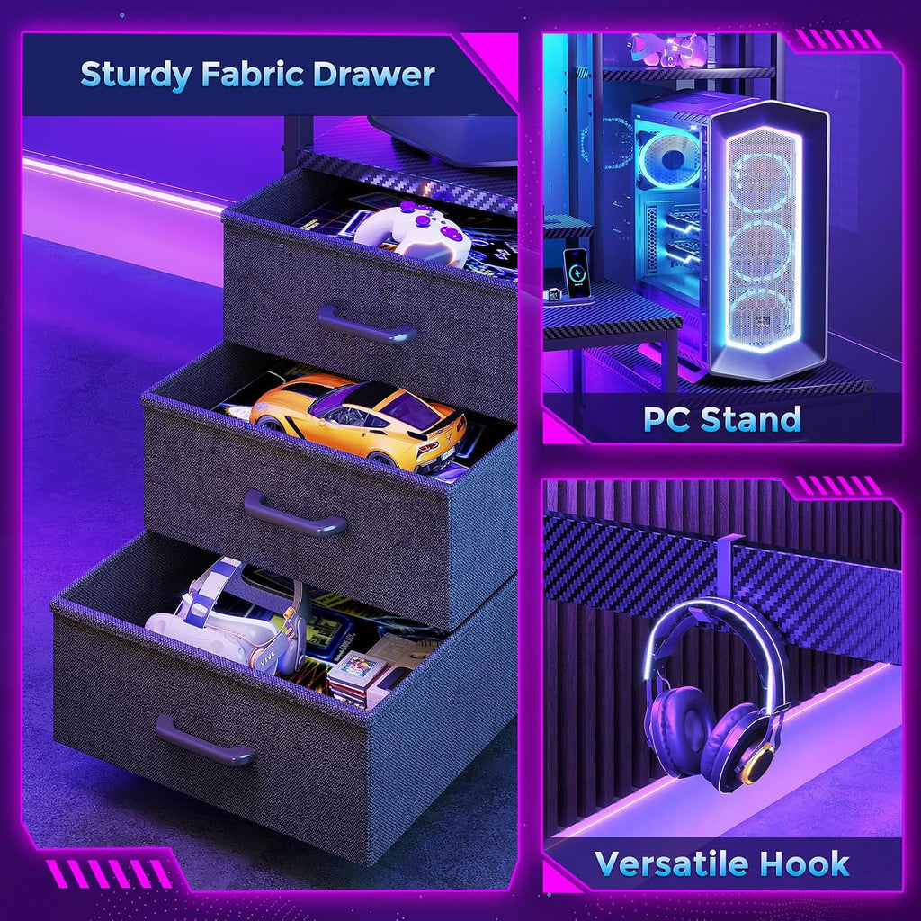 Coleshome Gaming Desk with LED Lights & Display Shelves Carbon Fiber Black | 120×48 cm Computer Desk with LED Lights & Sockets, Reversible PC Gaming.