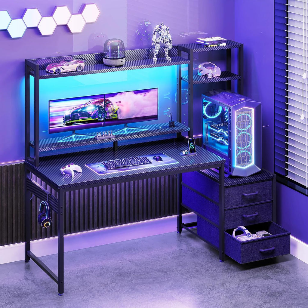 Coleshome Gaming Desk with LED Lights & Display Shelves Carbon Fiber Black | 120×48 cm Computer Desk with LED Lights & Sockets, Reversible PC Gaming.