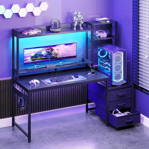 Coleshome Gaming Desk with LED Lights & Display Shelves Carbon Fiber Black | 120×48 cm Computer Desk with LED Lights & Sockets, Reversible PC Gaming.