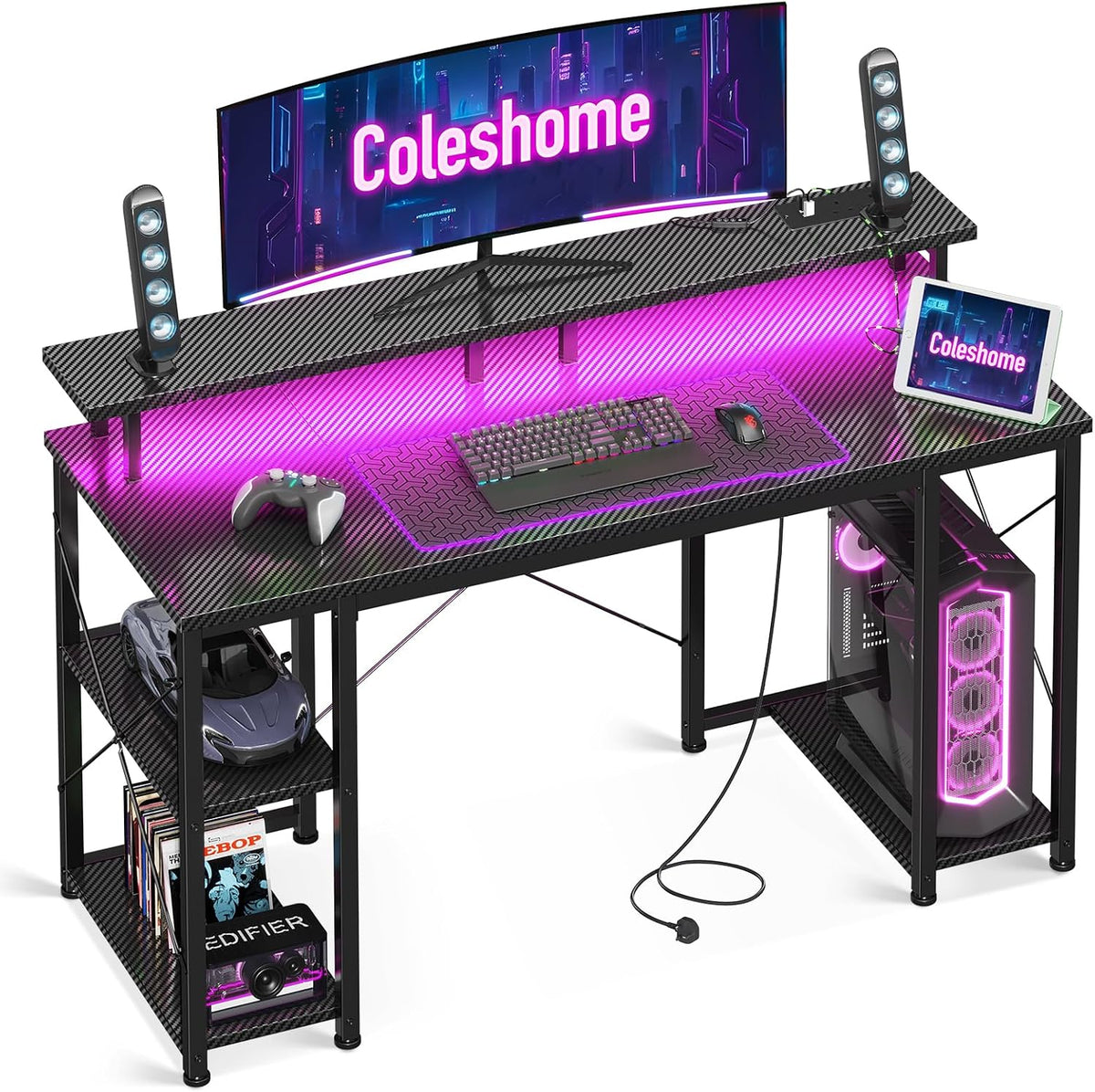 Coleshome Gaming Desk with LED Lights, 120x50 cm, Carbon Fiber Black
