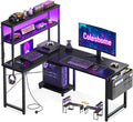 Coleshome L Shaped Gaming Desk with LED Lights & Power Outlet, Black