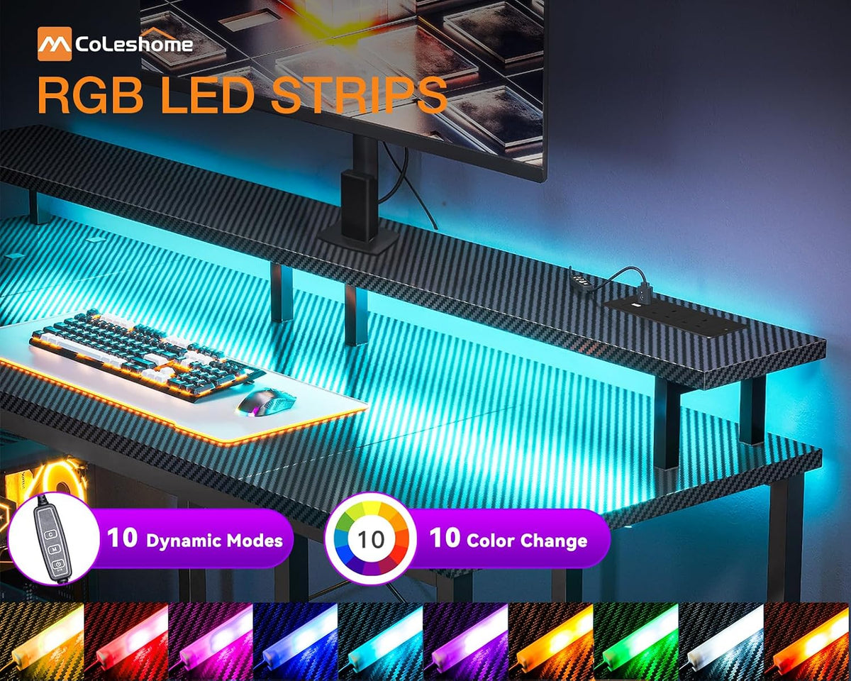Coleshome Gaming Desk with LED Lights, 120x50 cm, Carbon Fiber Black