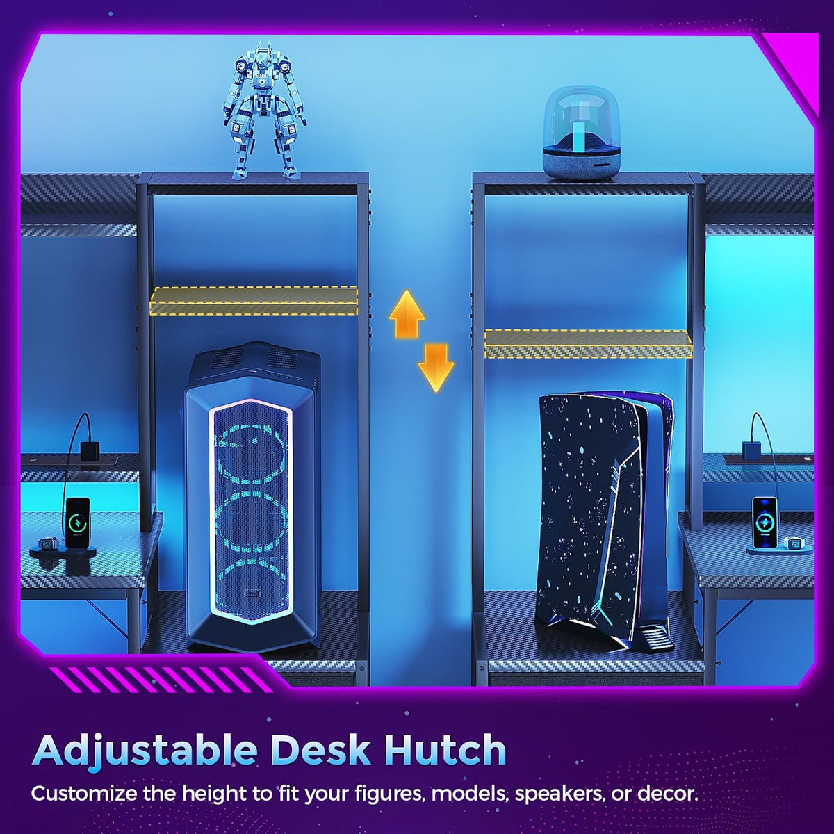 Coleshome Gaming Desk with LED Lights & Display Shelves Carbon Fiber Black | 120×48 cm Computer Desk with LED Lights & Sockets, Reversible PC Gaming.