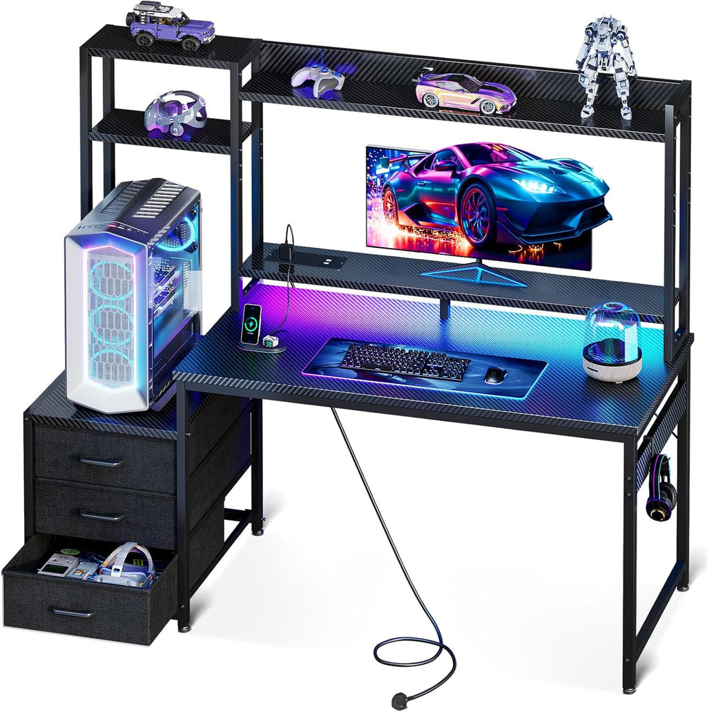 Coleshome Gaming Desk with LED Lights & Display Shelves Carbon Fiber Black | 120×48 cm Computer Desk with LED Lights & Sockets, Reversible PC Gaming.